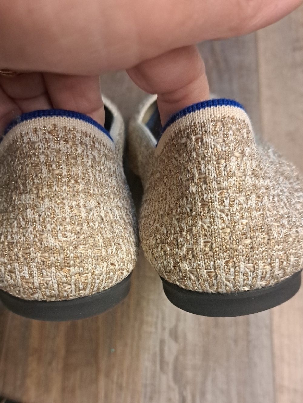 Rothy's Metallic Gold Pointed Knit Flats with Blue Trim 10 - Picture 7 of 7